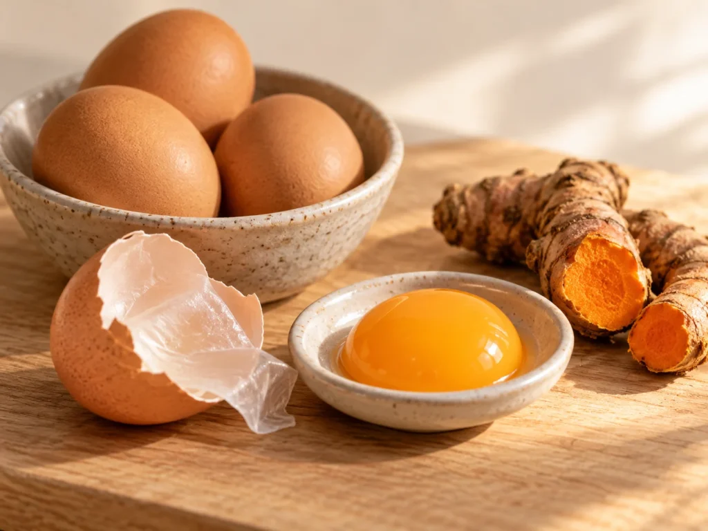 Brown eggs, a cracked shell showing its thin membrane, an egg yolk in a dish and turmeric roots