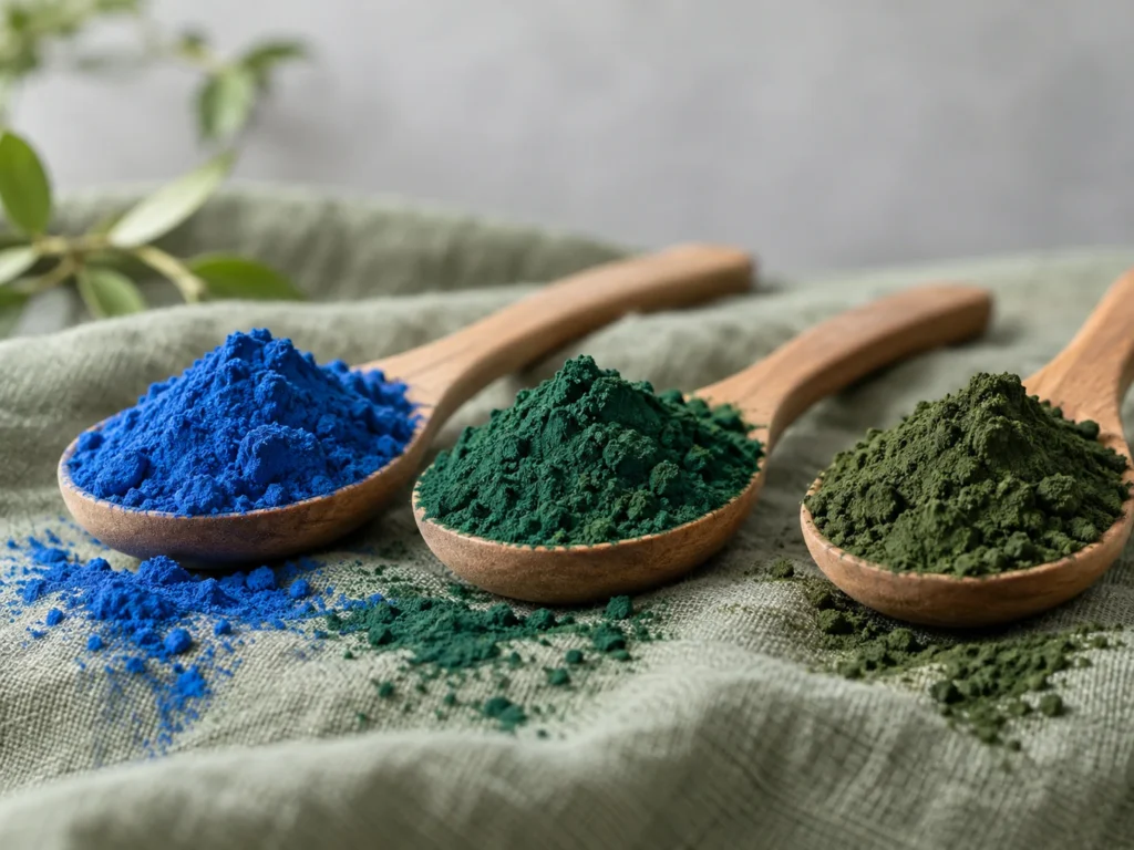 Wooden spoons of blue spirulina, green spirulina and chlorella powder on sage linen