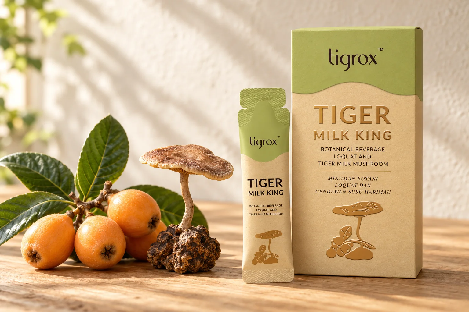 The TIGROX Tiger Milk King Loquat box and sachet with fresh loquats and a whole tiger milk mushroom
