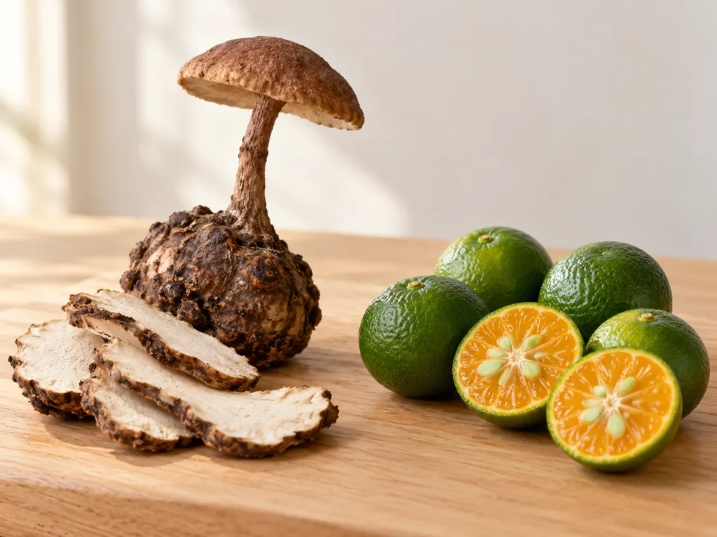 A whole tiger milk mushroom and dried tuber slices beside fresh calamansi limes, two of them halved