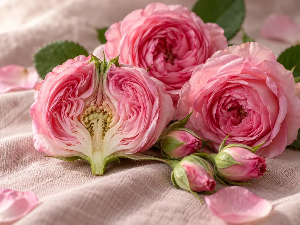 A pink damask rose cut in half beside whole roses and closed rose buds