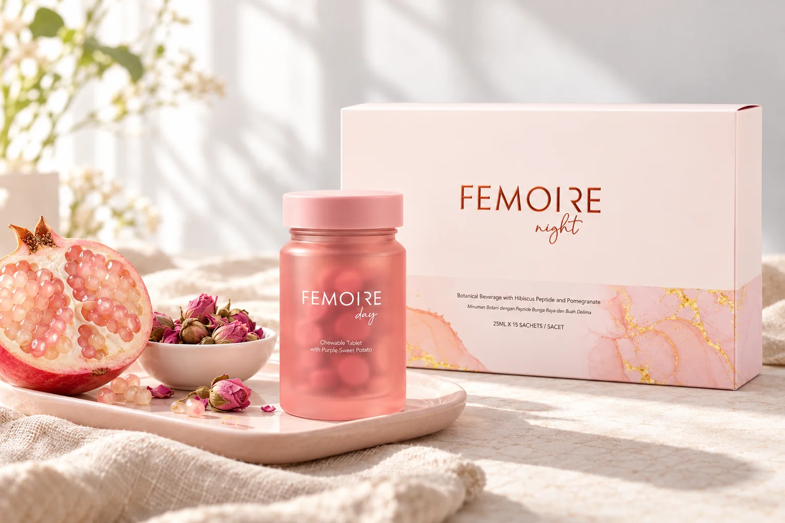 The Femoire Night box and the Femoire Day jar with a halved white pomegranate and dried rose buds