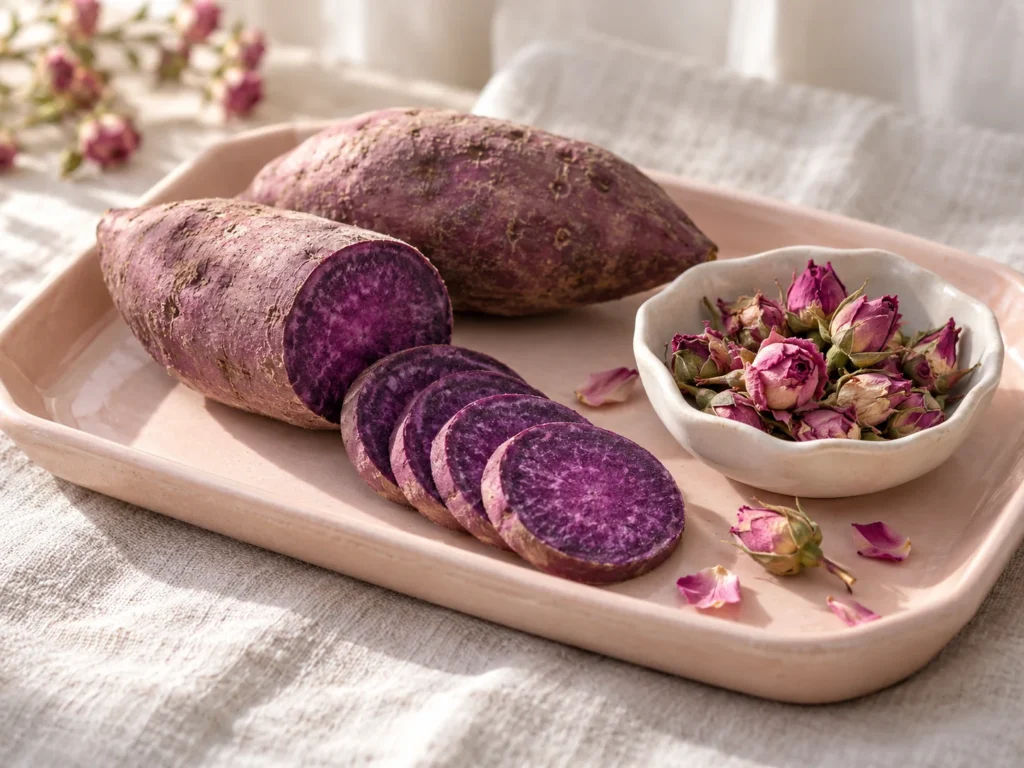 Purple sweet potatoes, one cut open, beside a small dish of dried pink rose buds