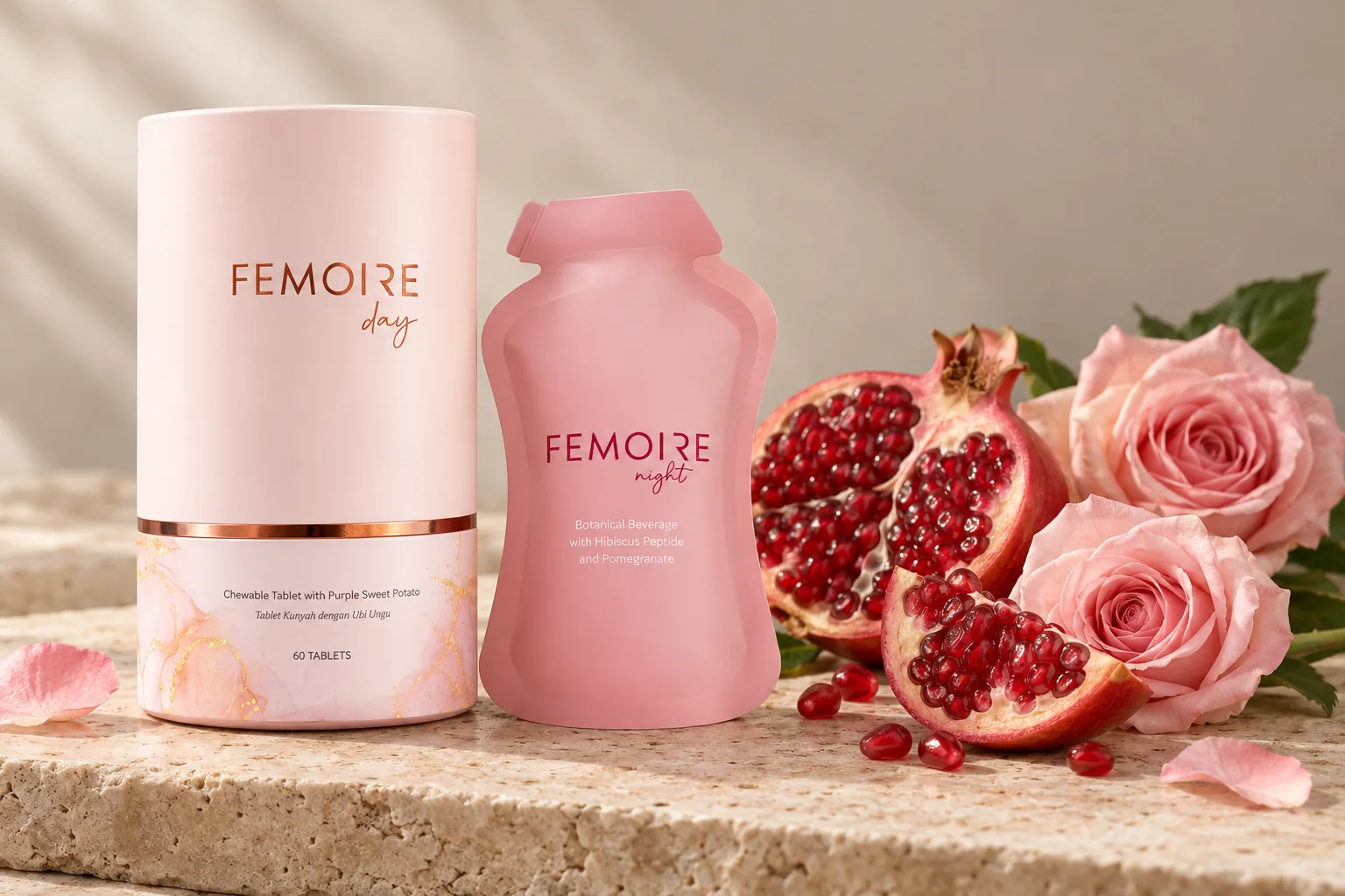 The Femoire Day canister and the Femoire Night pouch on travertine with pomegranate wedges and pink roses