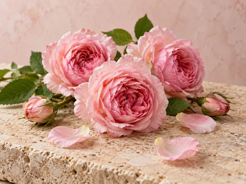 Fresh pink damask roses and loose petals on a travertine slab