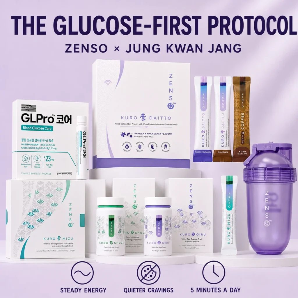 The complete ZENSO GLPro set — two Kuro Daitto boxes with Kuro Shuga, Kuro Oiru and Kuro Mizu, and the Jung Kwan Jang GLPro Core box with its 25ml bottle — under the heading "The Glucose-First Protocol", with icons for steady energy, quieter cravings and one simple daily rhythm.