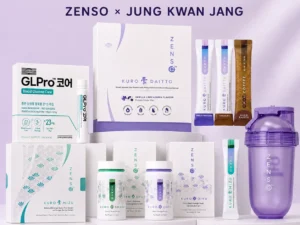 The complete ZENSO GLPro set — two Kuro Daitto boxes with Kuro Shuga, Kuro Oiru and Kuro Mizu, and the Jung Kwan Jang GLPro Core box with its 25ml bottle — under the heading "The Glucose-First Protocol", with icons for steady energy, quieter cravings and one simple daily rhythm.