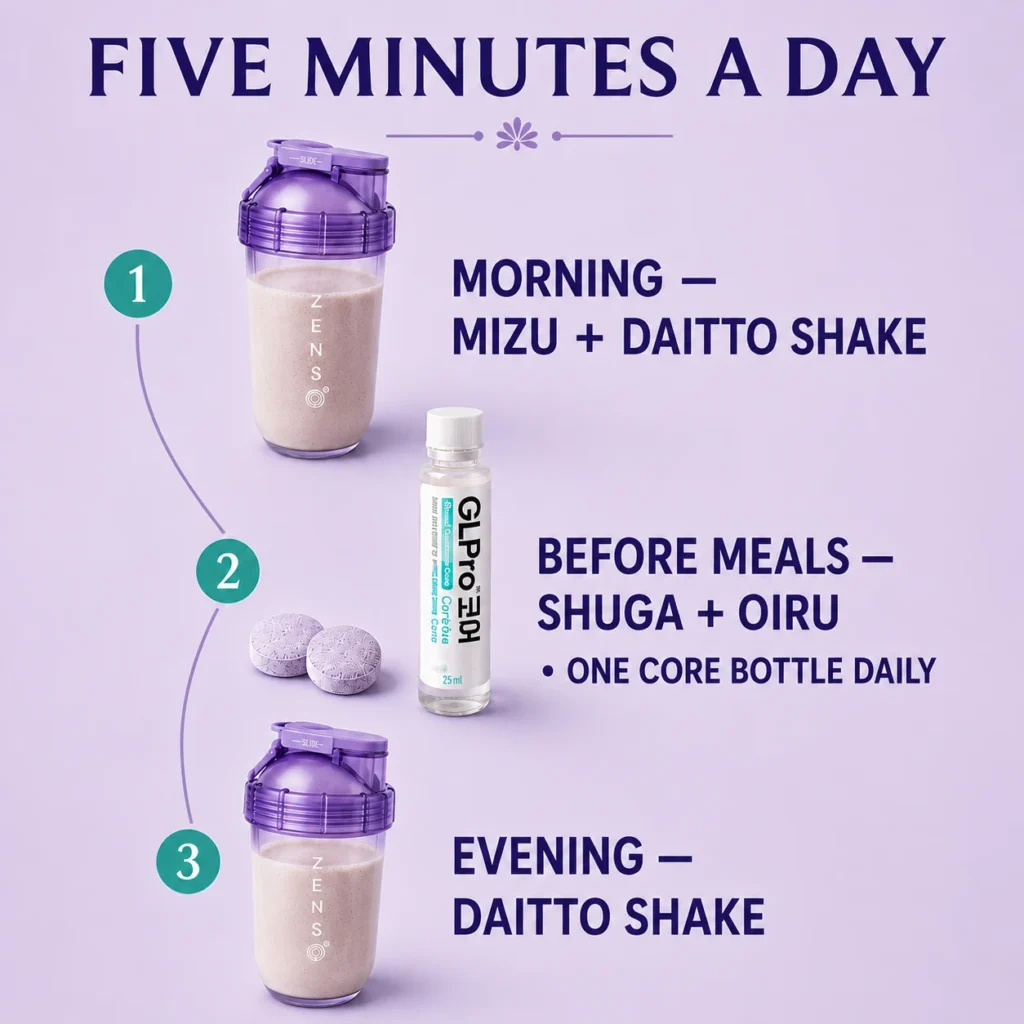 The daily routine as three numbered steps — 1 morning Kuro Mizu and a Daitto shake, 2 Shuga and Oiru chewables before meals with the daily GLPro Core bottle, 3 the evening Daitto shake — under the line “five minutes a day”.