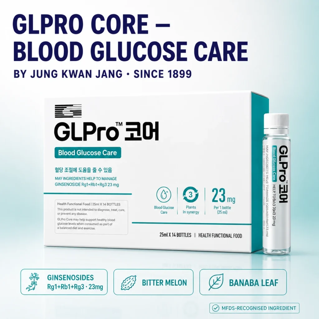 The GLPro Core box and 25ml bottle close up — Blood Glucose Care by Jung Kwan Jang, since 1899 — marked ginsenosides Rg1+Rb1+Rg3 23mg, bitter melon and banaba leaf.
