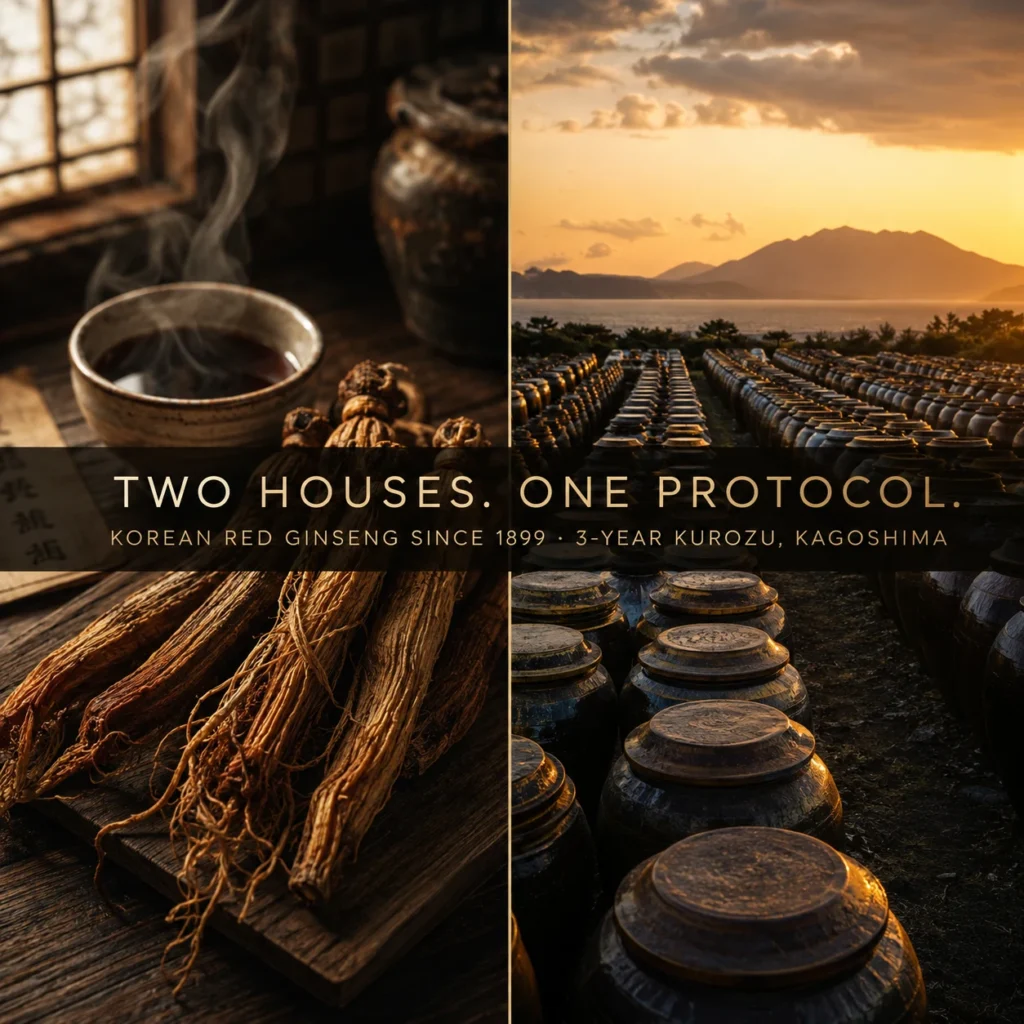 Korean red ginseng roots beside Kagoshima clay fermentation urns, under the line “two houses, one protocol — since 1899”.