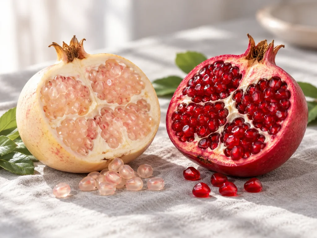 A halved white pomegranate beside a halved red pomegranate on grey linen