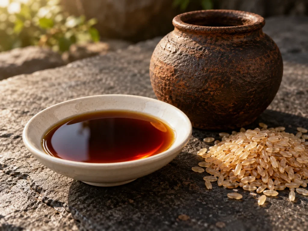 A clay pot, a shallow dish of dark black vinegar and a heap of brown rice on stone