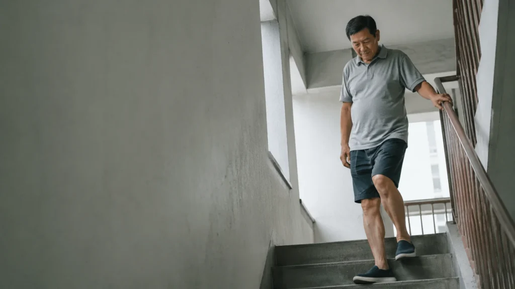 Man pausing mid-descent on a staircase, hand on the rail