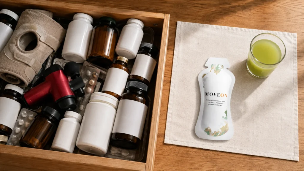 Drawer full of assorted supplement bottles beside one MOVEON sachet on a placemat