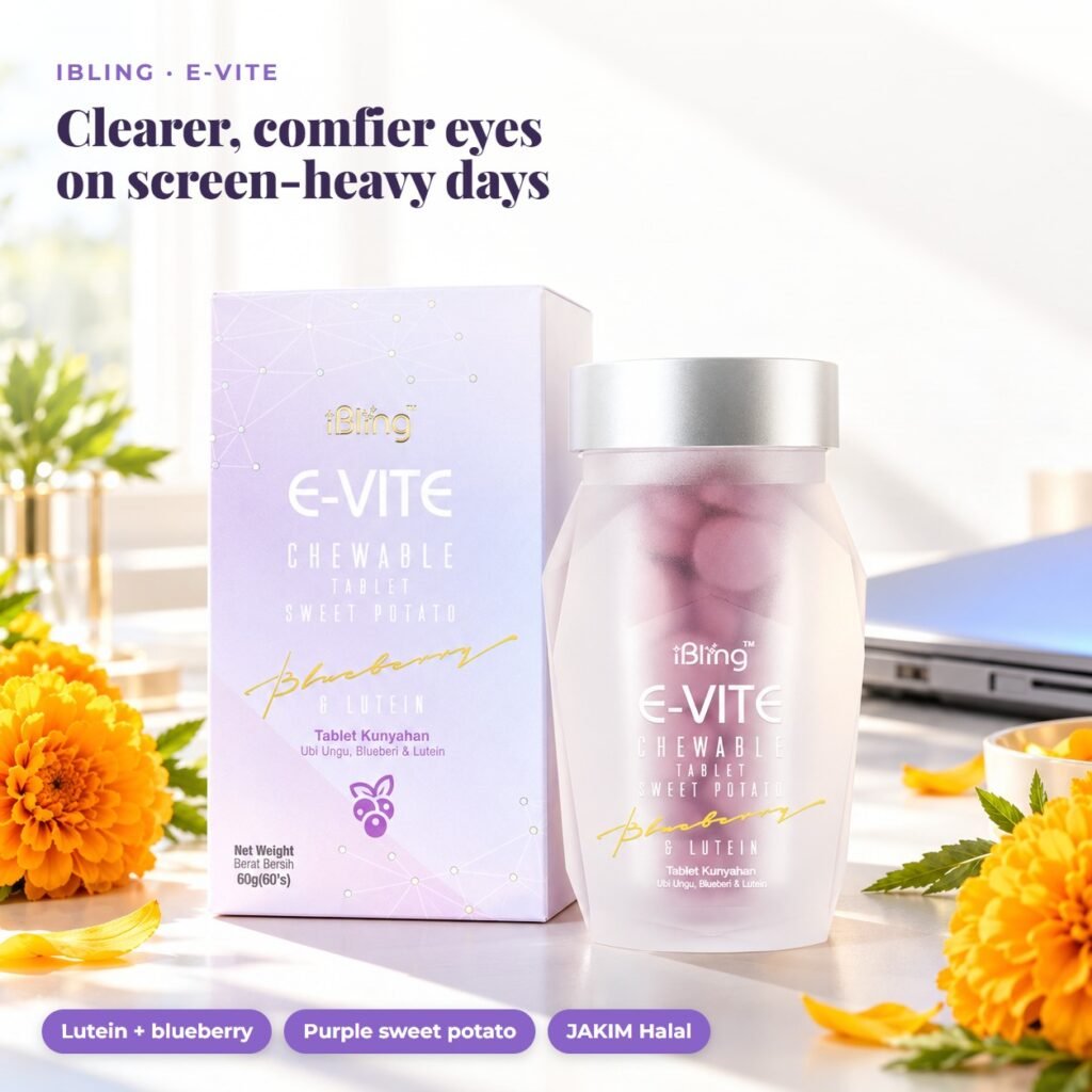E-VITE eye care chewable on a bright desk with marigold flowers
