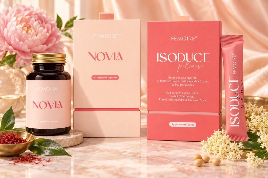 FEMOIRE NOVIA and ISODUCE Plus packs with saffron, elderflower and soybeans
