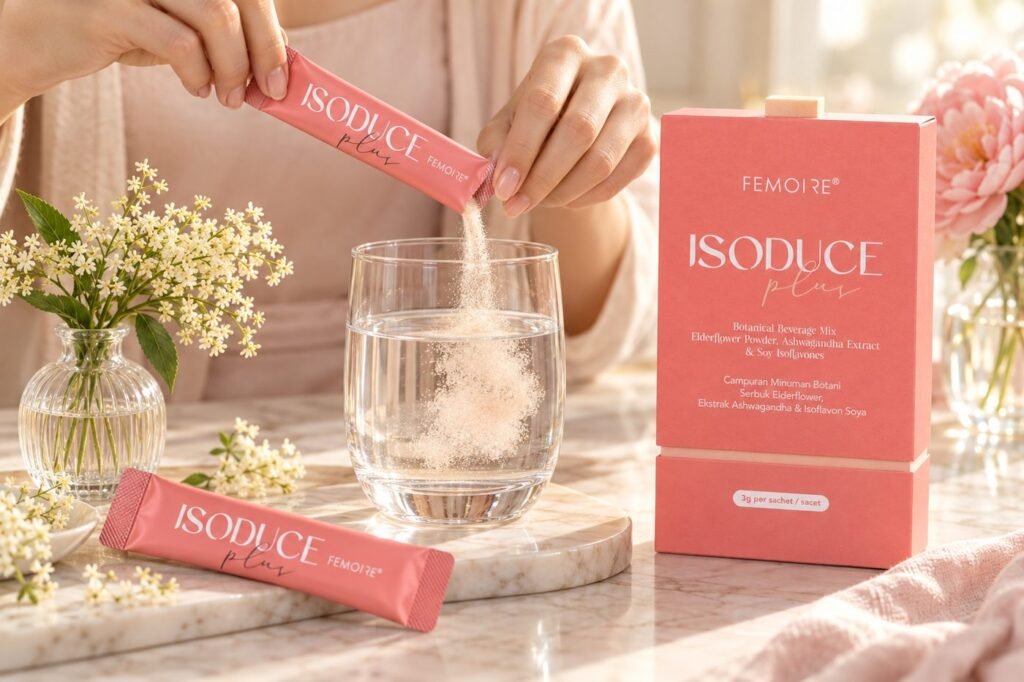Pouring an ISODUCE Plus sachet into a glass of lukewarm water, the box beside it