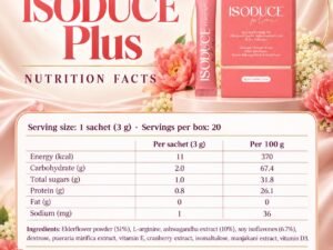 ISODUCE Plus nutrition facts per 3 g sachet (Malaysian label)