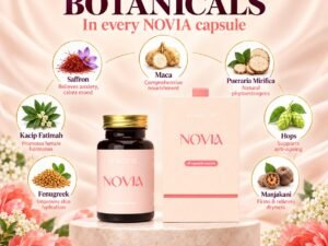 NOVIA's seven botanicals: saffron, kacip fatimah, maca, pueraria mirifica, hops, fenugreek and manjakani