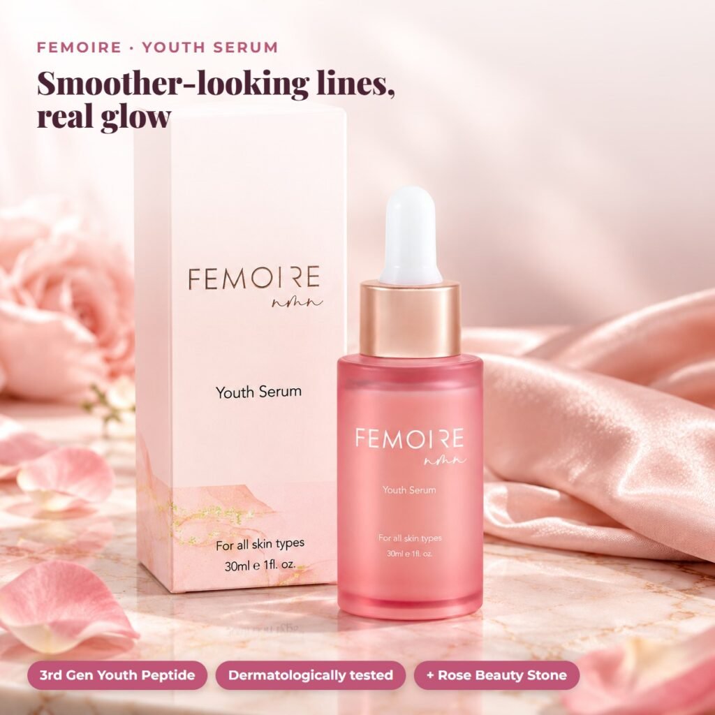 FEMOIRE Youth Serum with rose petals and silk on a marble vanity