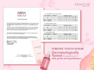 Dermatologically tested certificate for FEMOIRE Youth Serum: mild, gentle, hypoallergenic