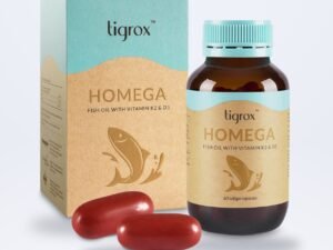 TIGROX HOMEGA box and bottle with red softgels: Omegavie™ fish oil with vitamins K2 and D3