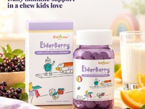 KidAOne Elderberry + Colostrum on a bright breakfast table with elderberries and oranges