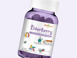 KidAOne Elderberry + Colostrum bottle of 60 cocoa and berry chewable tablets