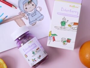 KidAOne Elderberry + Colostrum chewables with fresh oranges