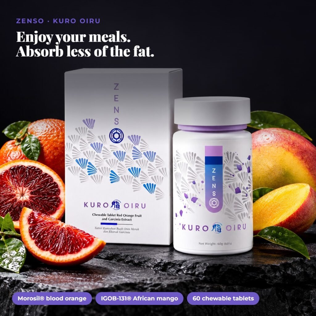 ZENSO Kuro Oiru chewable tablets with blood orange slices on black stone
