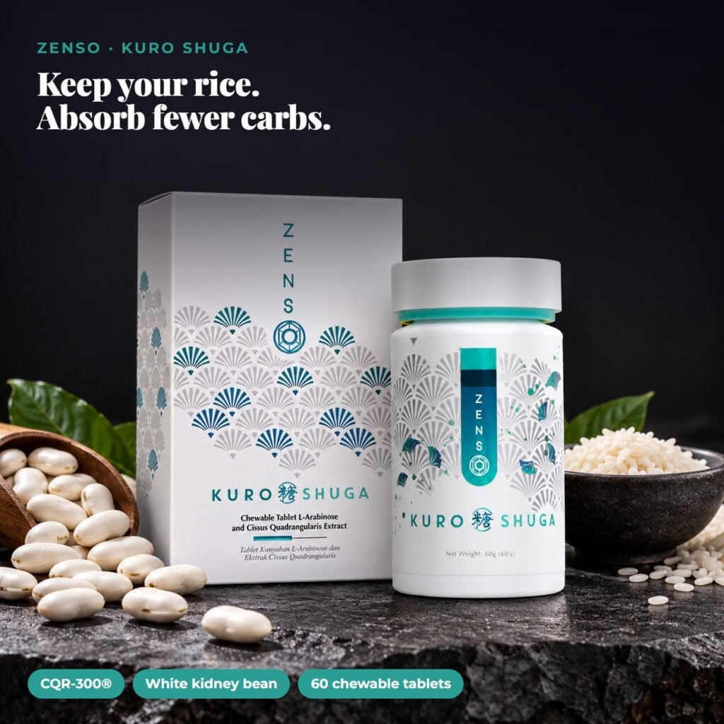 ZENSO Kuro Shuga chewable tablets with white kidney beans and a bowl of rice