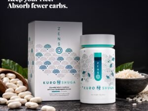 ZENSO Kuro Shuga chewable tablets with white kidney beans and a bowl of rice