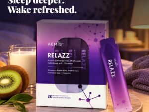 RELAZZ Lactium sleep drink on a calm bedside table at dusk