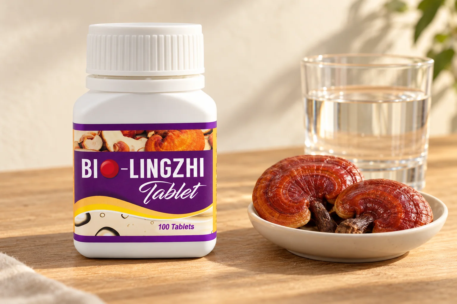 A BIO LingZhi bottle beside two red reishi caps in a white dish and a glass of water on oak