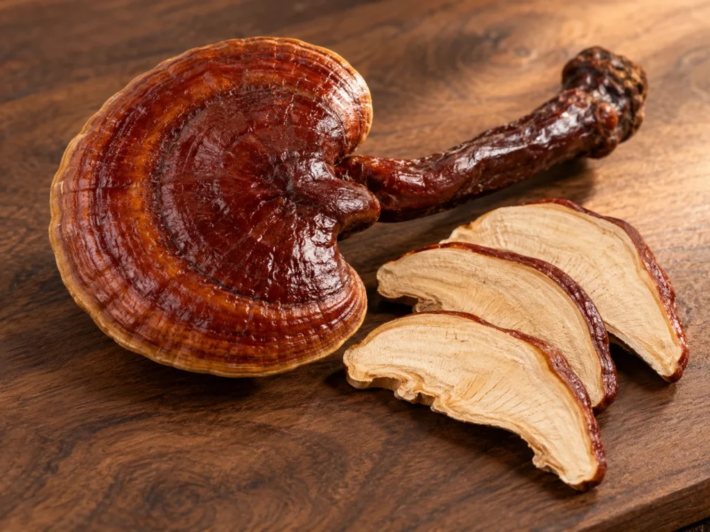 A whole red reishi mushroom with its long stem on a walnut board, beside three thin slices
