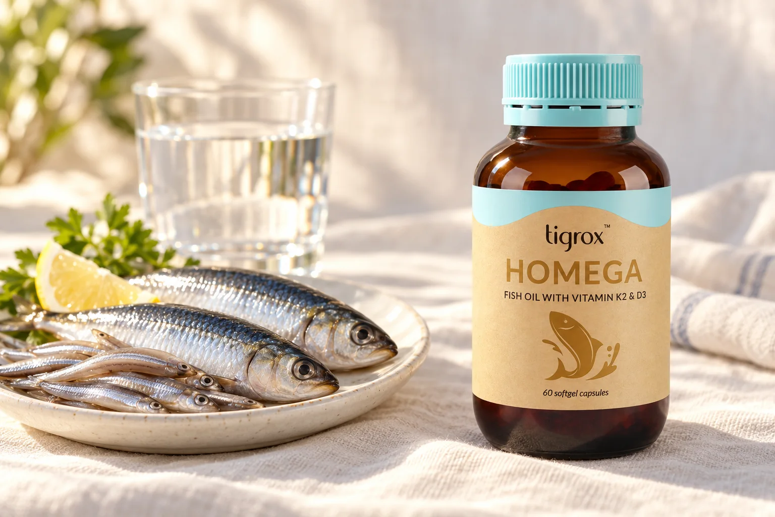 The TIGROX HOMEGA bottle beside a plate of fresh anchovies and sardines and a glass of water