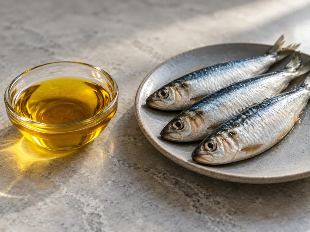 A small glass dish of golden fish oil beside three fresh sardines on grey stone