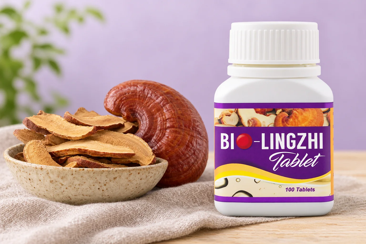 A BIO LingZhi bottle with dried red reishi slices in a stoneware bowl on linen