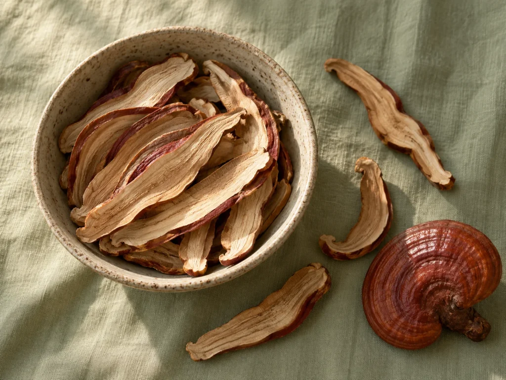 Thin dried red reishi slices fanned in a stoneware bowl on sage linen, seen from above