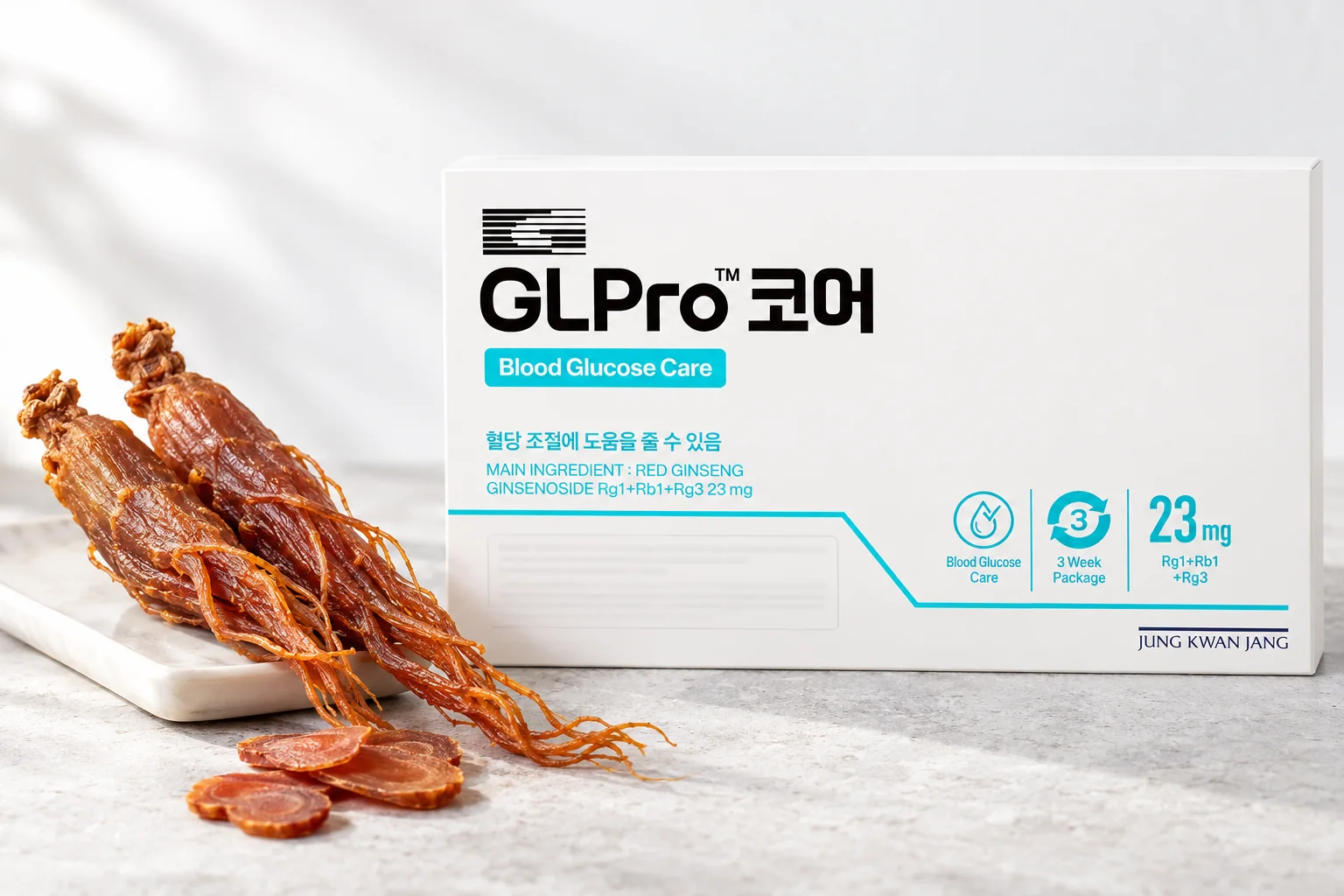 The GLPro Core box beside whole red ginseng roots on a white porcelain tray
