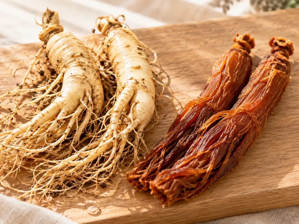 Two fresh cream ginseng roots beside two amber-red steamed and dried red ginseng roots