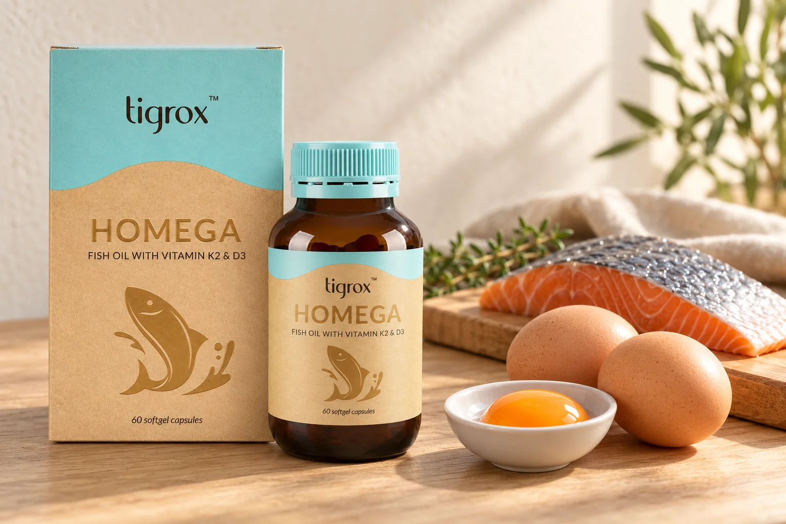 The TIGROX HOMEGA box and bottle with a fresh oily fish fillet, brown eggs and an egg yolk