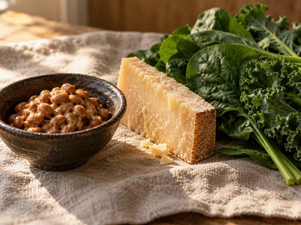 A bowl of natto beside a wedge of aged cheese and fresh leafy greens