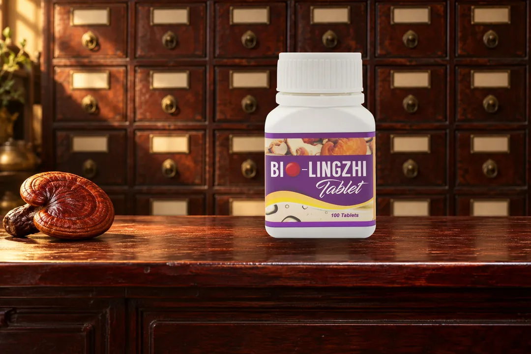 BIO LingZhi bottle on a medicine-hall counter beside a whole red reishi