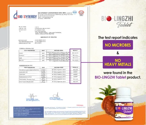 Bio Synergy Laboratories certificate of analysis: heavy metals and microbes not detected in BIO-LINGZHI Tablet