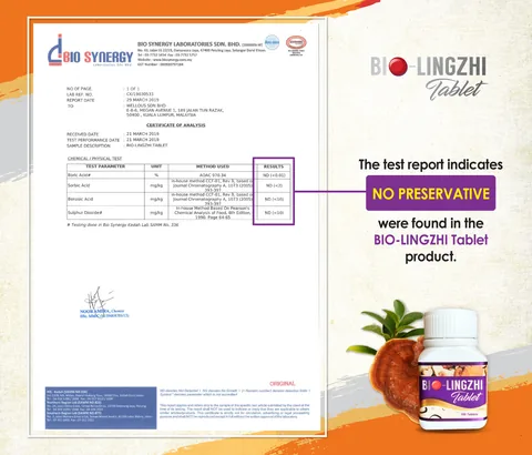 Bio Synergy Laboratories certificate: no preservatives found in BIO-LINGZHI Tablet
