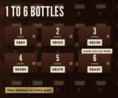 Prices: 1 bottle S$89, 2 bottles S$165, 3 bottles S$230, 4 bottles S$305, 5 bottles S$375, 6 bottles S$439. Free delivery.