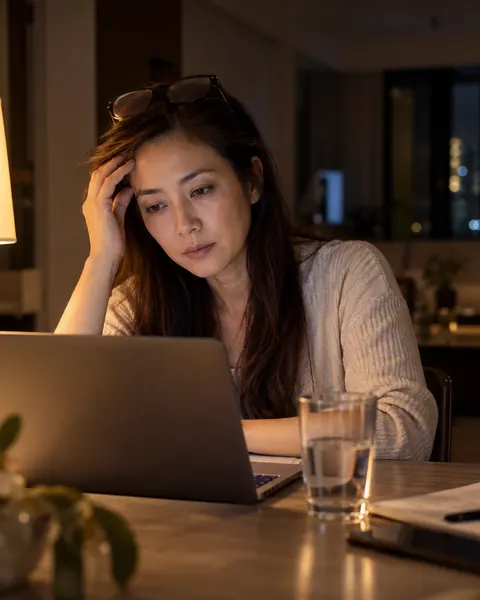 A woman working late at night at her dining table