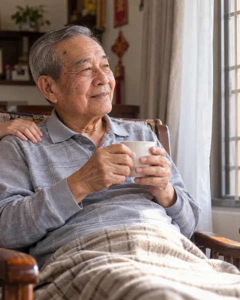 An elderly man resting by a window at home, his daughter's hand on his shoulder