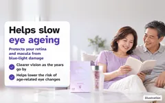 Illustration: a couple in their late fifties reading together on the sofa, the E-VITE box and bottle on the table. Helps slow eye ageing. Protects your retina and macula from blue-light damage.